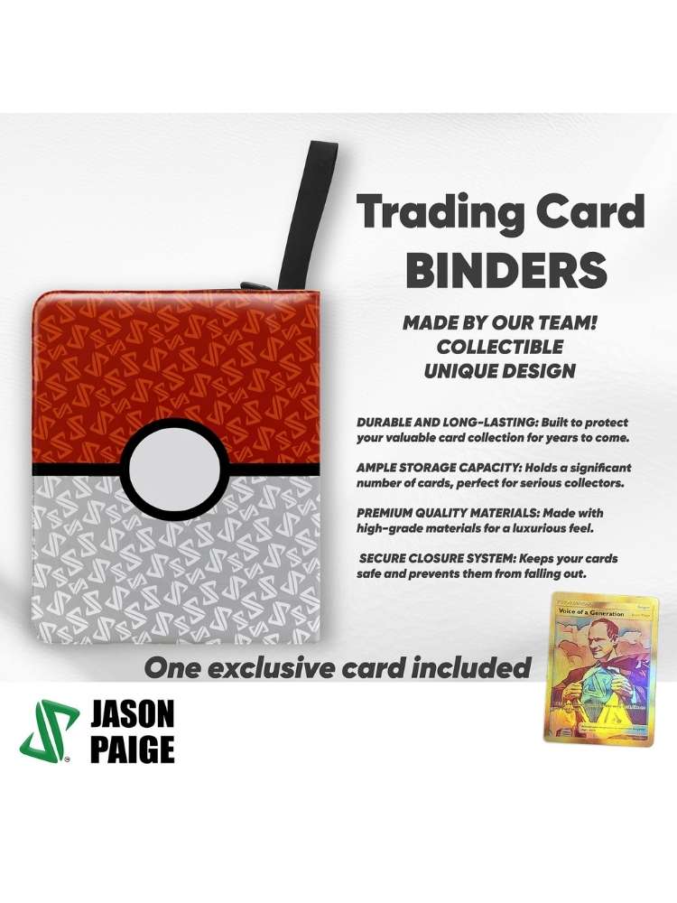 Trading card binder with unique design, storage capacity, and an exclusive card included, branded by Jason Paige.