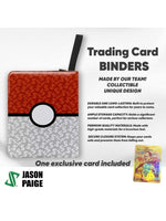 Trading card binder with unique design, storage capacity, and an exclusive card included, branded by Jason Paige.