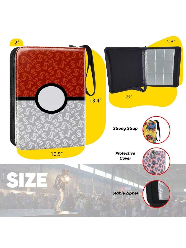 Pokémon-themed Binder with measurements and features on a white background