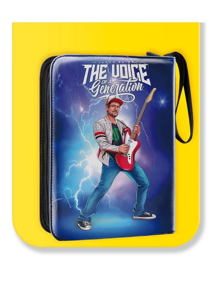 Product packaging with a person holding a guitar and 'The Voice of the Generation' text on a yellow background