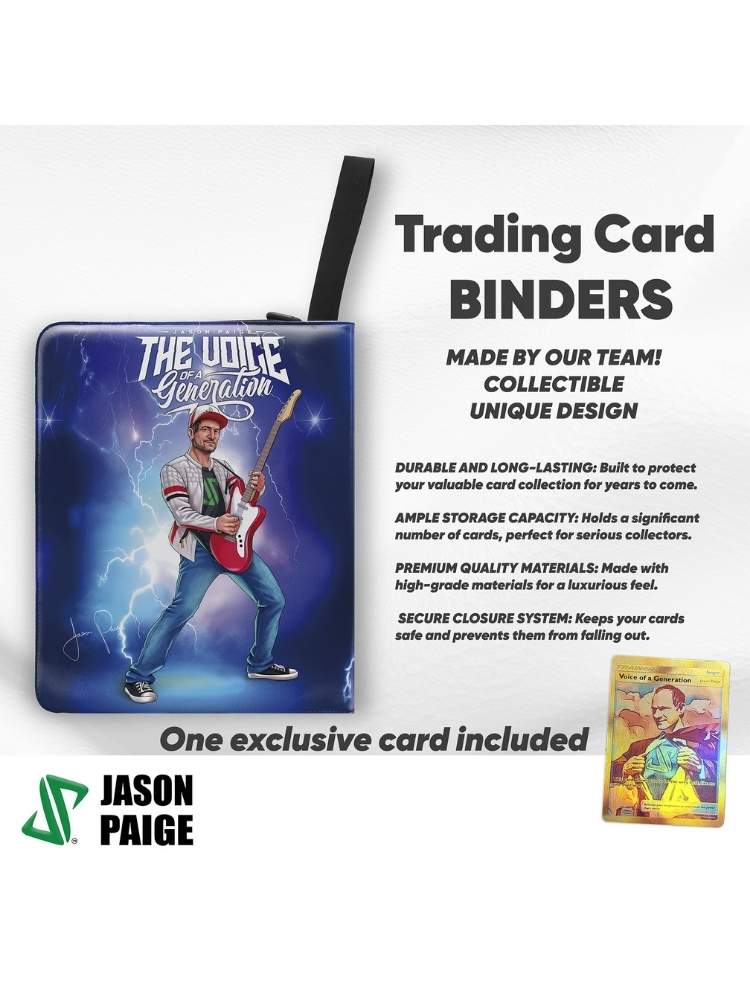 Trading card binder with a character holding a guitar, featuring Jason Paige branding.