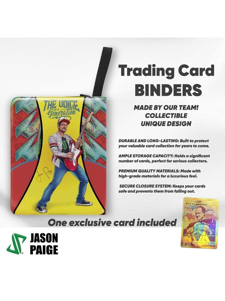 Trading card binder with colorful design and text on a white background