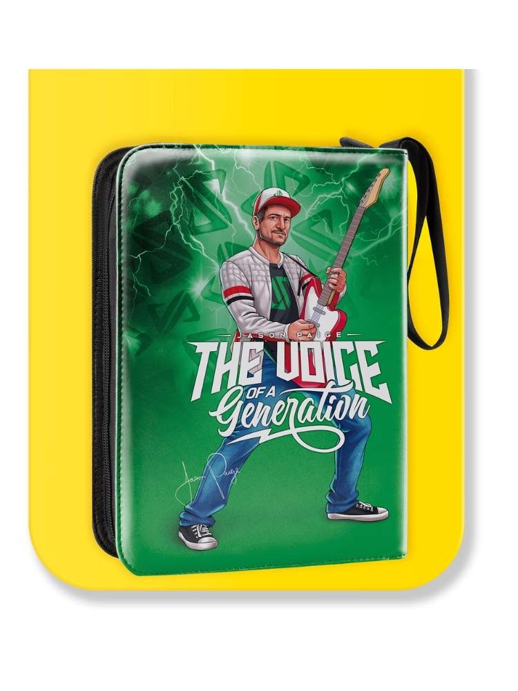 Product packaging with a character holding a guitar and text 'The Voice of a Generation' on a green background.