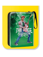 Product packaging with a character holding a guitar and text 'The Voice of a Generation' on a green background.